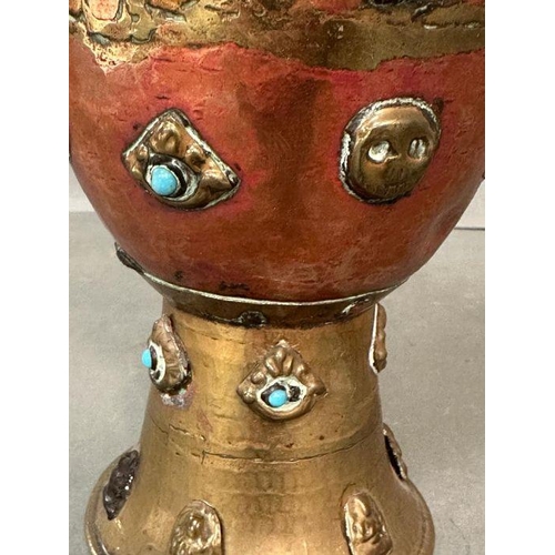 124 - An 19th Century Tibetan Monks cap copper and brass Euce with coloured bead detail, accompanied by Su... 