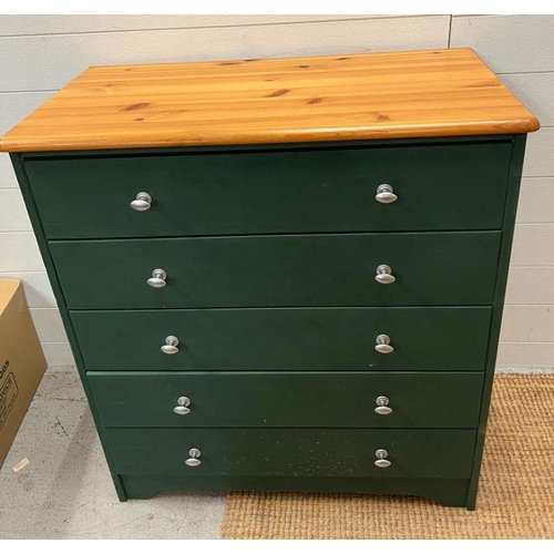 16 - A five drawer chest of drawers, pine effect top and green base (H82cm W83cm D41cm)