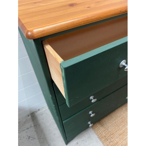 16 - A five drawer chest of drawers, pine effect top and green base (H82cm W83cm D41cm)