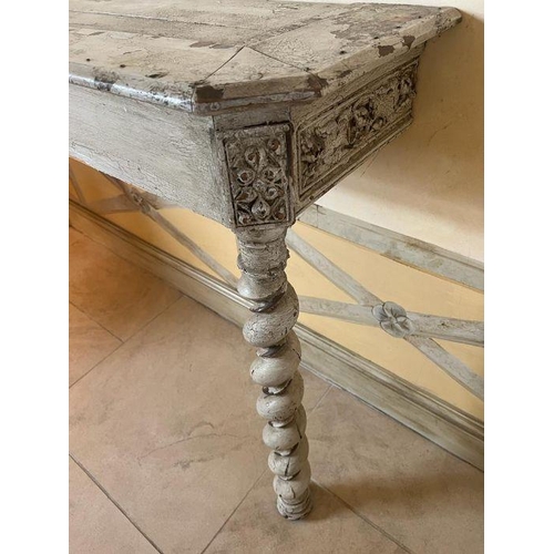 20 - A wooden console table with barley twist and drawer to centre with a distress painted patina (H89cm ... 