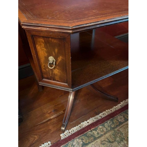 23 - A leather top barristers side table with brass lion heads to corner (H73cm SQ63cm)