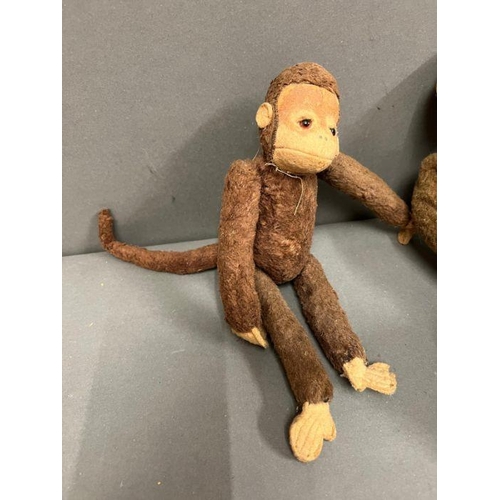 43 - A vintage French monkey plush soft toy with jointed arms and legs along with a monkey with metal arm... 