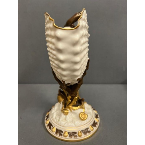 61 - A 19th Century Aesthetic movement Royal Worcester shell vase with perched Salamander. Model Number 4... 