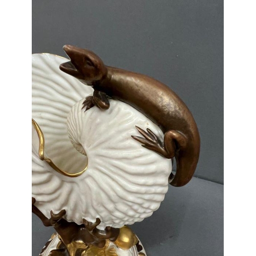 61 - A 19th Century Aesthetic movement Royal Worcester shell vase with perched Salamander. Model Number 4... 