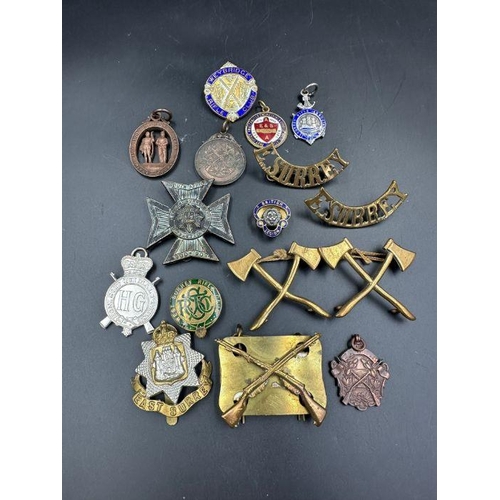 646 - A selection of military insignia and rifle club badges.