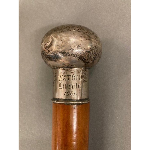 83 - A Mallacca walking cane with engraved silver top engraved in 1901.