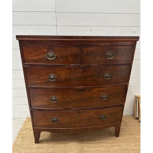 1 - A two over three mahogany bow fronted chest of drawers, brass drop handles on splayed legs.(H 114cm ... 