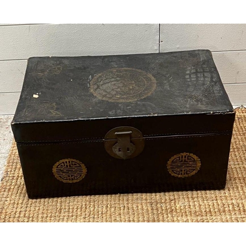 3 - An oriental themed black leather trunk with red lacquer inside (H28cm W57cm D35cm)