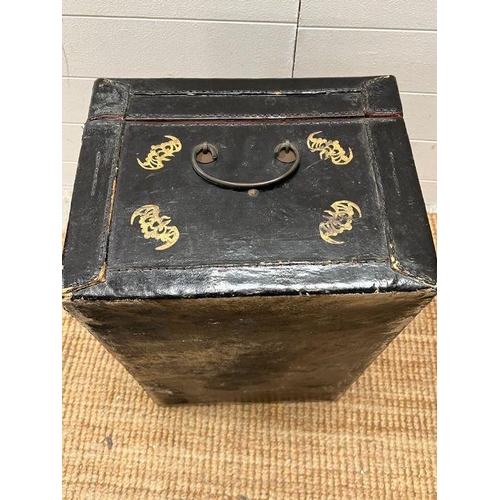 3 - An oriental themed black leather trunk with red lacquer inside (H28cm W57cm D35cm)