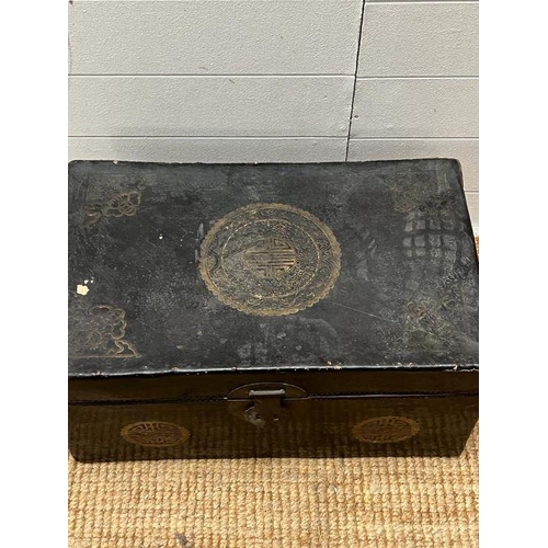 3 - An oriental themed black leather trunk with red lacquer inside (H28cm W57cm D35cm)