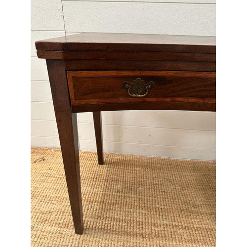 58 - A mahogany gate leg tea table with single inlaid drawer and brass drop handles (H74cm W89cm D45cm)