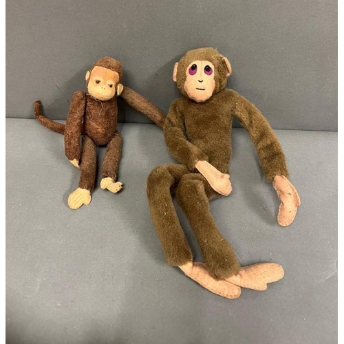 A vintage French monkey plush soft toy with jointed arms and legs along with a monkey with metal arm