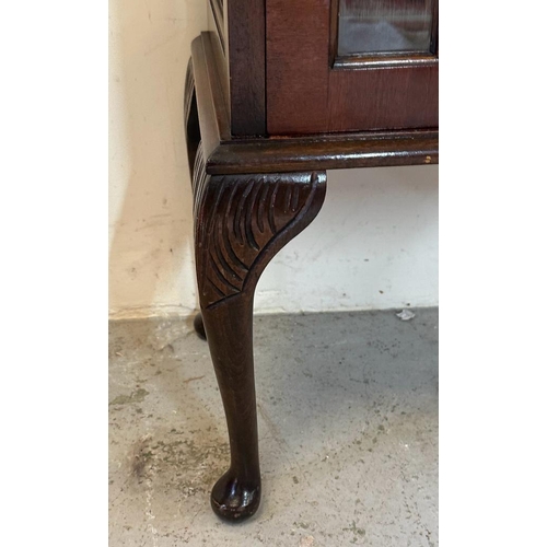 122 - A mahogany glazed display cabinet on raised cabriole legs and bun feet (H123cm W51cm D31cm)