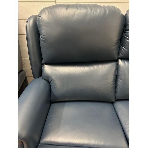 151 - A blue leather two seater sofa with matching reclining arm chair (Sofa H115cm D90cm W140cm)