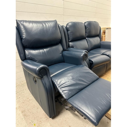 151 - A blue leather two seater sofa with matching reclining arm chair (Sofa H115cm D90cm W140cm)