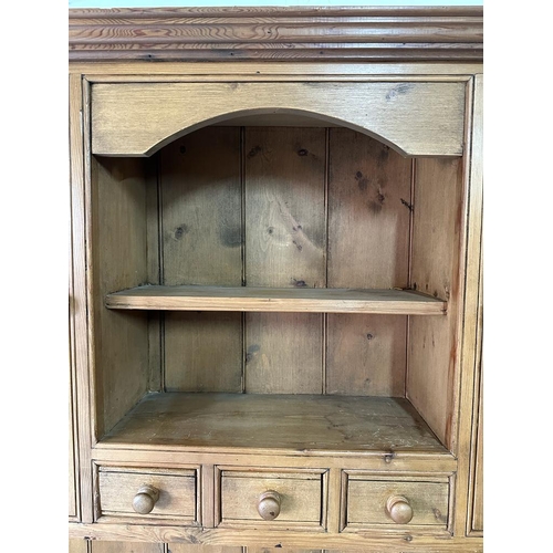 155 - A pine three drawer and three cupboard dresser with two glazed cupboards and three drawers over (H19... 