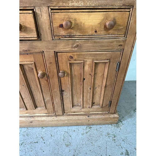 158 - A pine two cupboard and two door dresser with glazed cupboard over (H201cm W91cm D50cm)