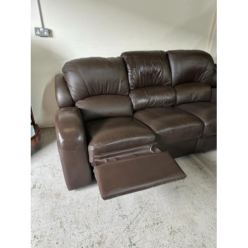 161 - A brown leather three seater recliner sofa (H103cm D57cm W212cm)