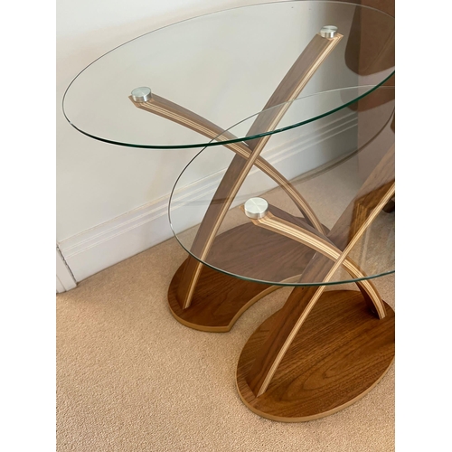 174 - A pair of nesting tables with oval glass and cross frame (H57cm W60cm D44cm)