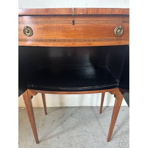 242 - An Edwardian style yew string inlaid work box on raised legs with compartments to top and cupboard u... 