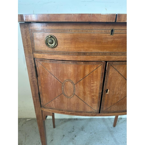 242 - An Edwardian style yew string inlaid work box on raised legs with compartments to top and cupboard u... 