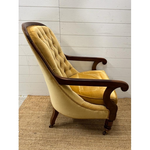 260 - A button back library chair on castors upholstered in a mustard yellow