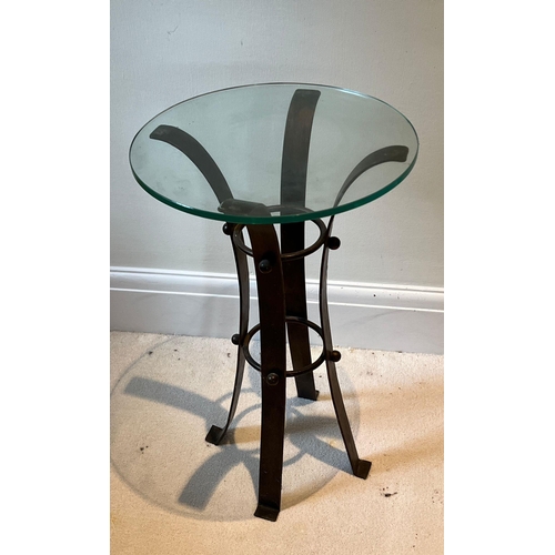 31 - A pair of contemporary wrought iron side table with glass top (H60cm Dia37cm)