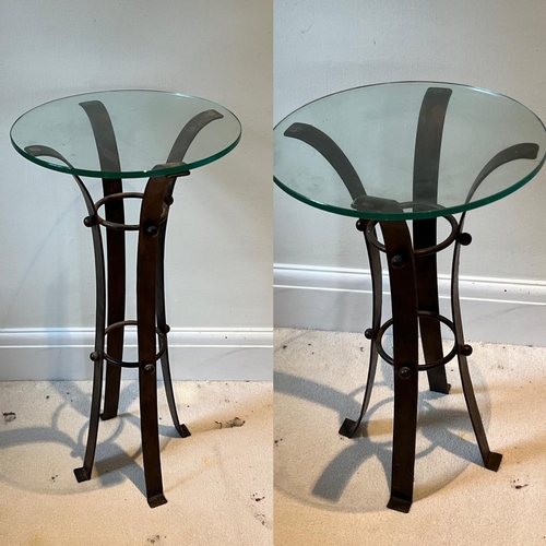 31 - A pair of contemporary wrought iron side table with glass top (H60cm Dia37cm)