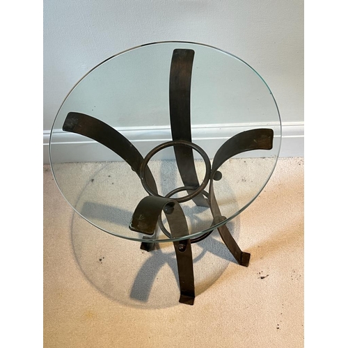 31 - A pair of contemporary wrought iron side table with glass top (H60cm Dia37cm)