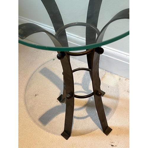 31 - A pair of contemporary wrought iron side table with glass top (H60cm Dia37cm)