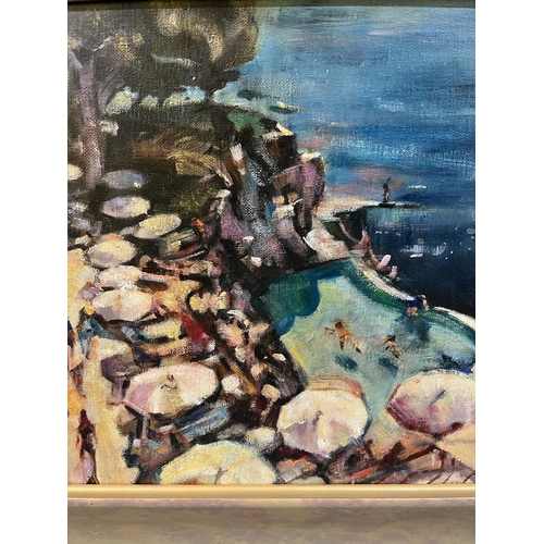 362 - An oil on board of swimming pool on the shore line (Framed size 44cm x 44cm)