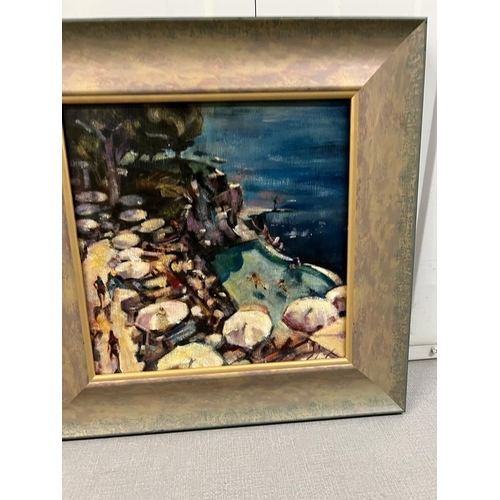 362 - An oil on board of swimming pool on the shore line (Framed size 44cm x 44cm)