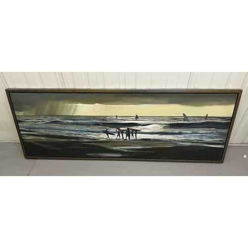 400 - Oil on canvas of a surfing scene, unsigned (70cm x 190cm), boxed framed