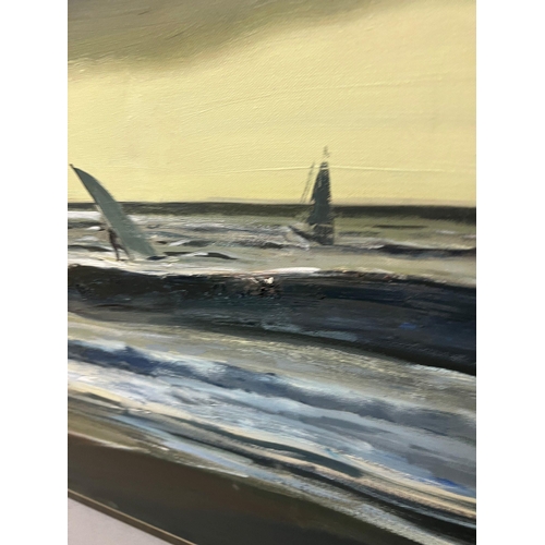 400 - Oil on canvas of a surfing scene, unsigned (70cm x 190cm), boxed framed