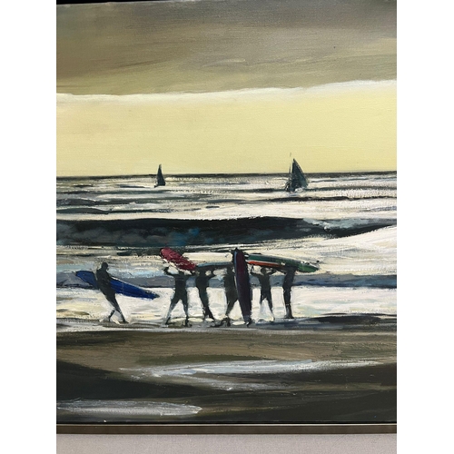 400 - Oil on canvas of a surfing scene, unsigned (70cm x 190cm), boxed framed