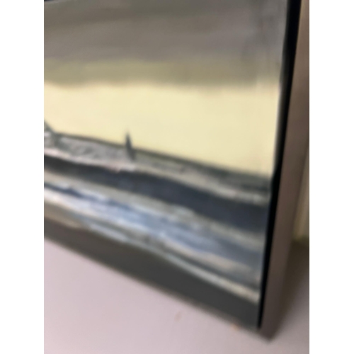 400 - Oil on canvas of a surfing scene, unsigned (70cm x 190cm), boxed framed