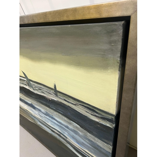 400 - Oil on canvas of a surfing scene, unsigned (70cm x 190cm), boxed framed