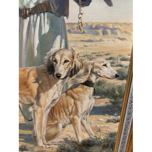 410 - An oil on canvas of a middle Eastern hunter and his dogs by Donald Grant OBE 60cm x 90cm