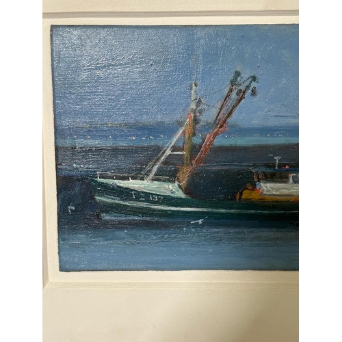 415 - Robert JONES (British b. 1943) Beam Trawler Newlyn, Oil on board, titled and signed verso, 6.75