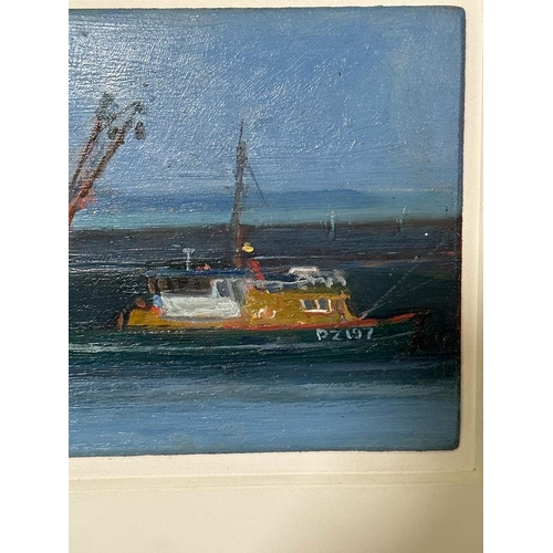 415 - Robert JONES (British b. 1943) Beam Trawler Newlyn, Oil on board, titled and signed verso, 6.75