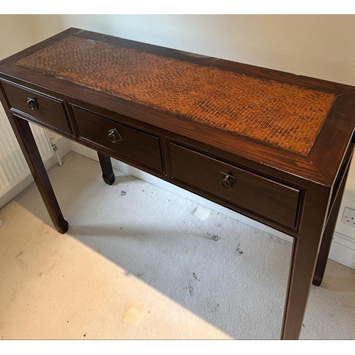 45 - A hardwood console table with rattan style top (H90cm W115cm D40cm)