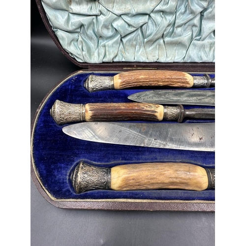 457 - A cased carving set with silver mounts and horn handles