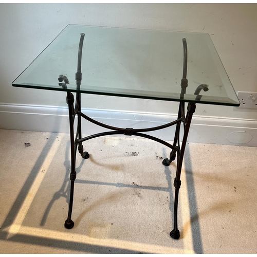 46 - A glass top side table on wrought iron legs (H61cm SQ56cm)