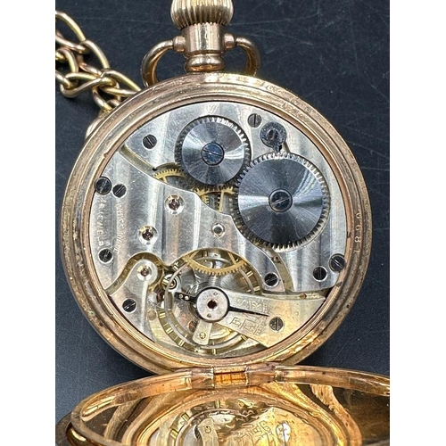 479 - A gold plated half hunter pocket watch on a 9ct gold Albert chain (Approximate weight of chain 38.5g... 