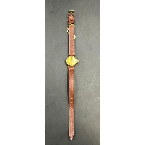 493A - A Ladies 18ct gold Omega De Ville wristwatch, circular gold coloured dial, yellow faceted dot hourly... 