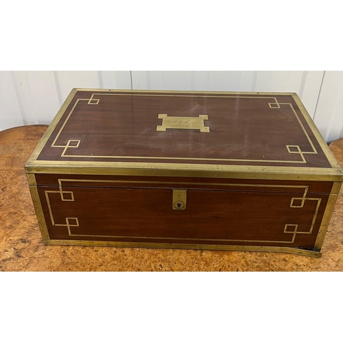 521 - A Regency period mahogany and brass bound campaign writing box 1820 (19cm x 51cm x 28cm)