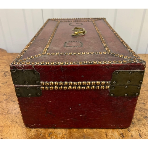 522 - A red leather and brass deed box with stud detail (40cm x 23cm x 15cm) Dated to c 1750  Daniel Giles... 