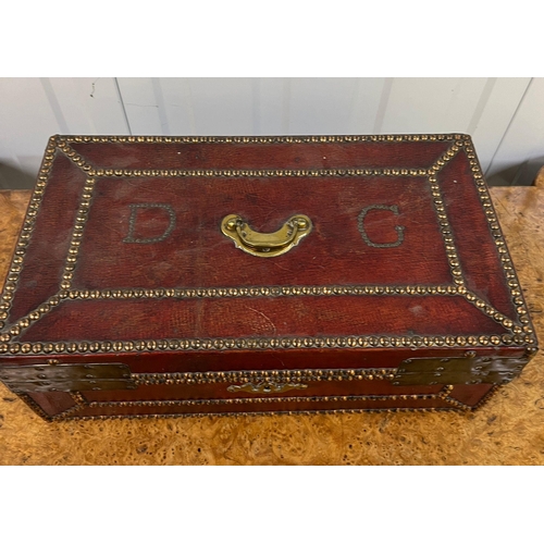 522 - A red leather and brass deed box with stud detail (40cm x 23cm x 15cm) Dated to c 1750  Daniel Giles... 