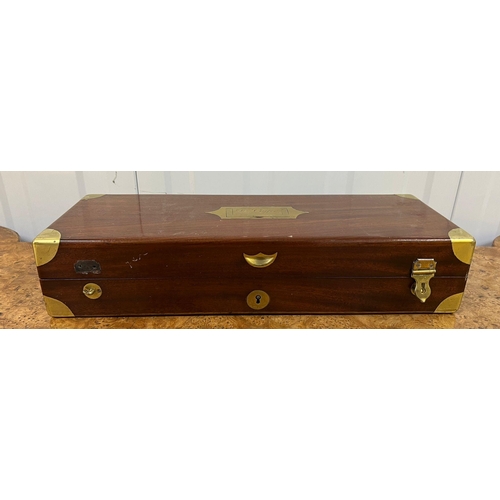 525 - A campaign style brass bound mahogany box with green lined interior AF (42cm x 15cm x 9cm)