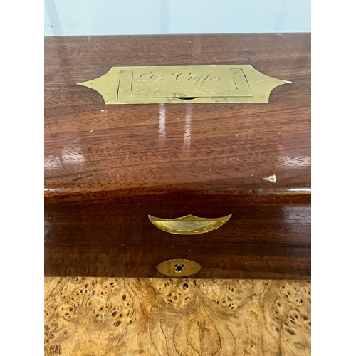 525 - A campaign style brass bound mahogany box with green lined interior AF (42cm x 15cm x 9cm)